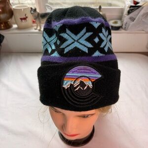 Black and Purple Knit Beanie with Mountain Patch
